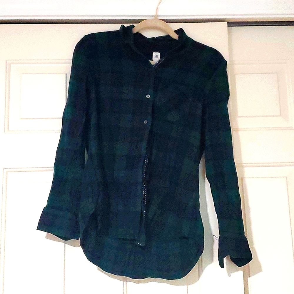 A dark blue and green flannel from the Gap, size medium.